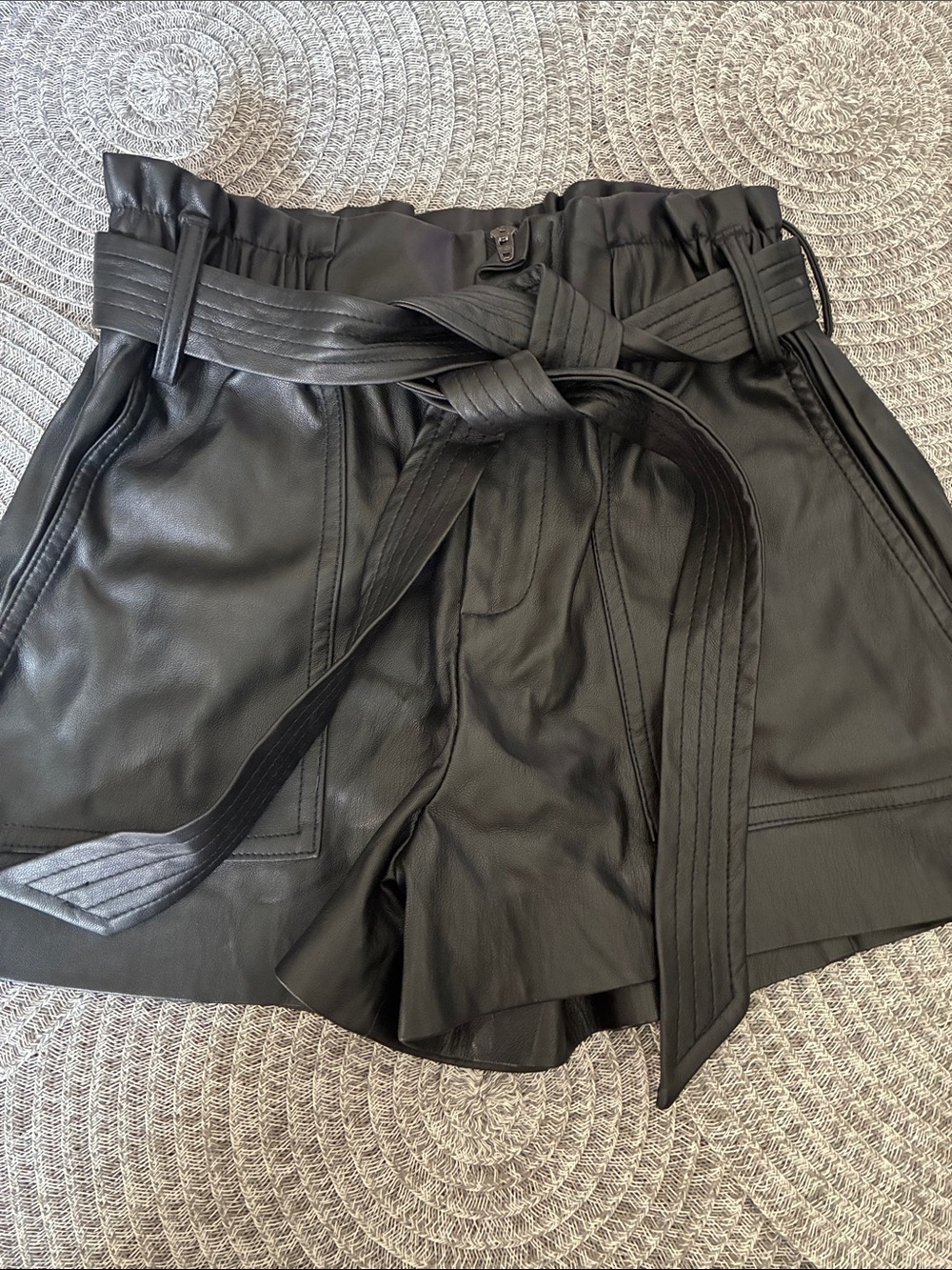 High-Waist Faux Leather Paperbag Belted Shorts - Black